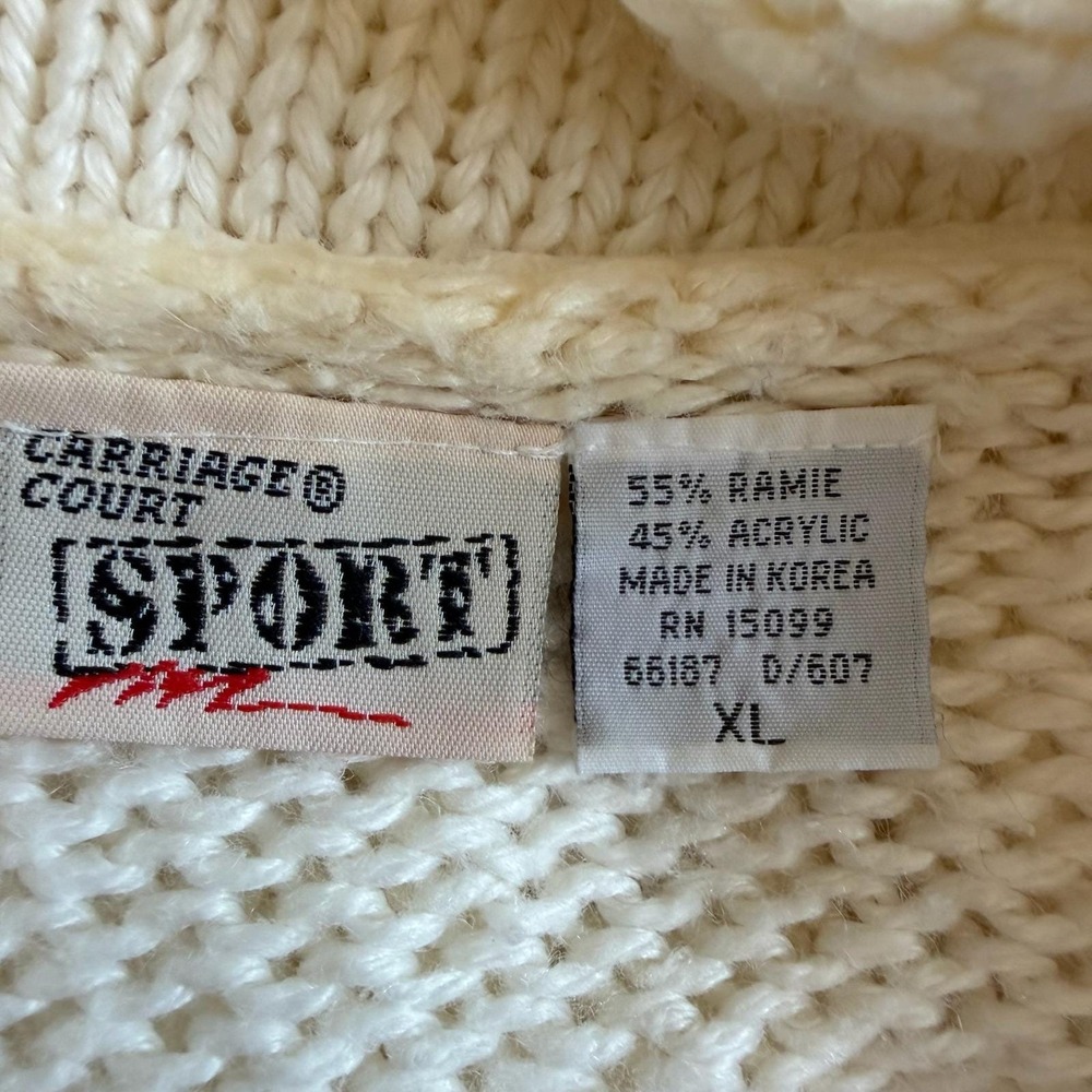 Vtg Fisherman Cardigan XL Cream Ramie Cotton Chunky Cable Knit Bobble Sweater - Picture 3 of 11